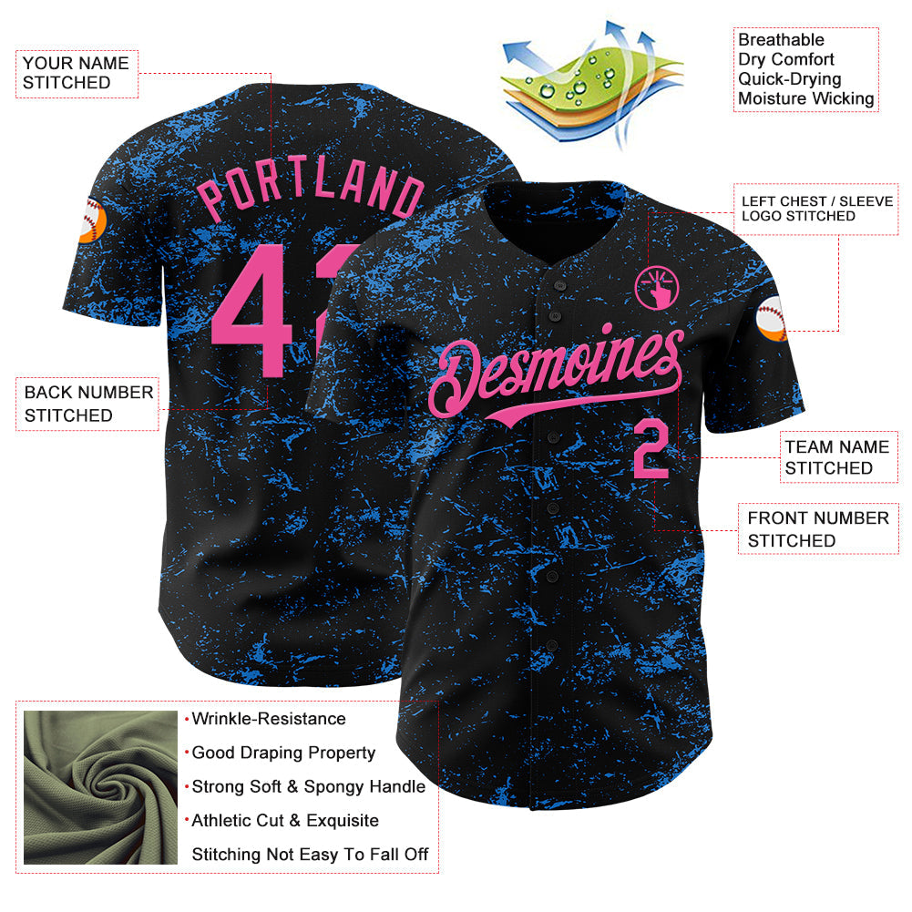 Custom Black Pink-Electric Blue 3D Pattern Design Abstract Splatter Texture Authentic Baseball Jersey view 3
