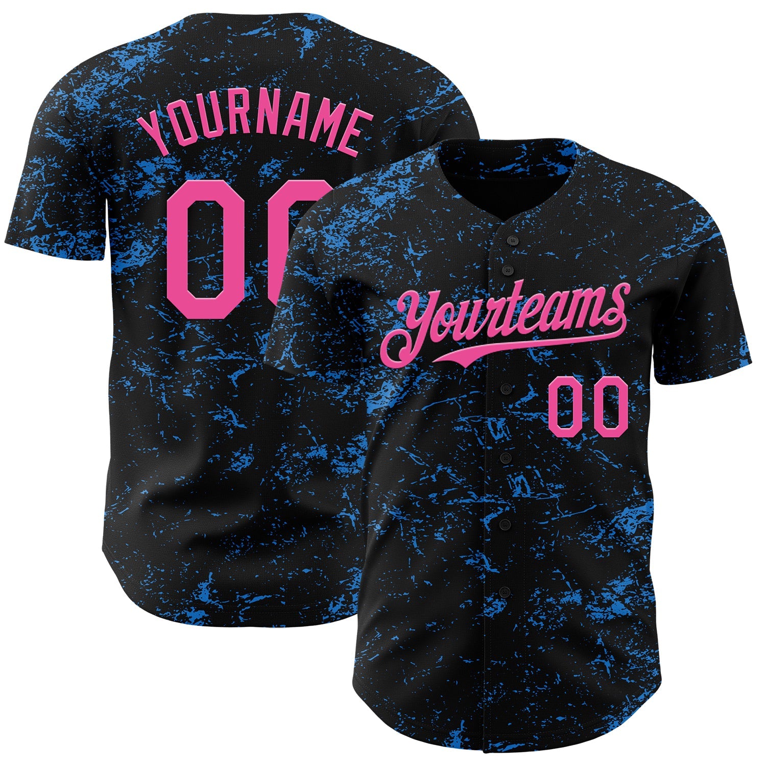 Custom Black Pink-Electric Blue 3D Pattern Design Abstract Splatter Texture Authentic Baseball Jersey - Main View