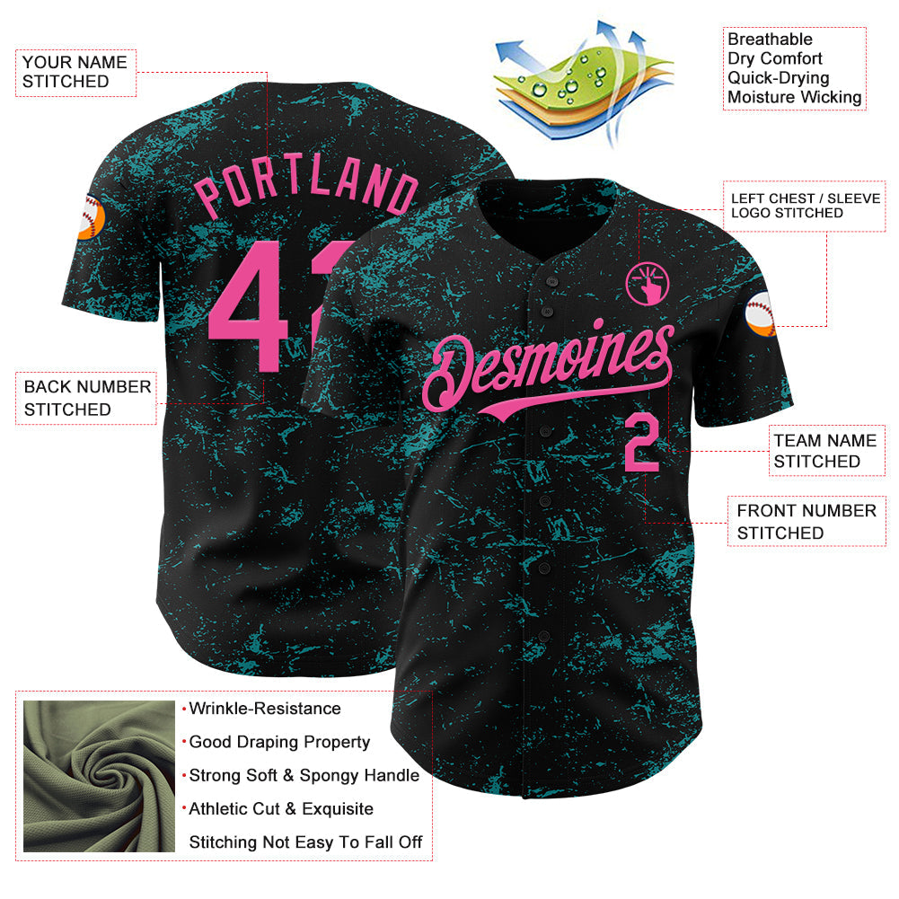 Custom Black Pink-Teal 3D Pattern Design Abstract Splatter Texture Authentic Baseball Jersey view 3