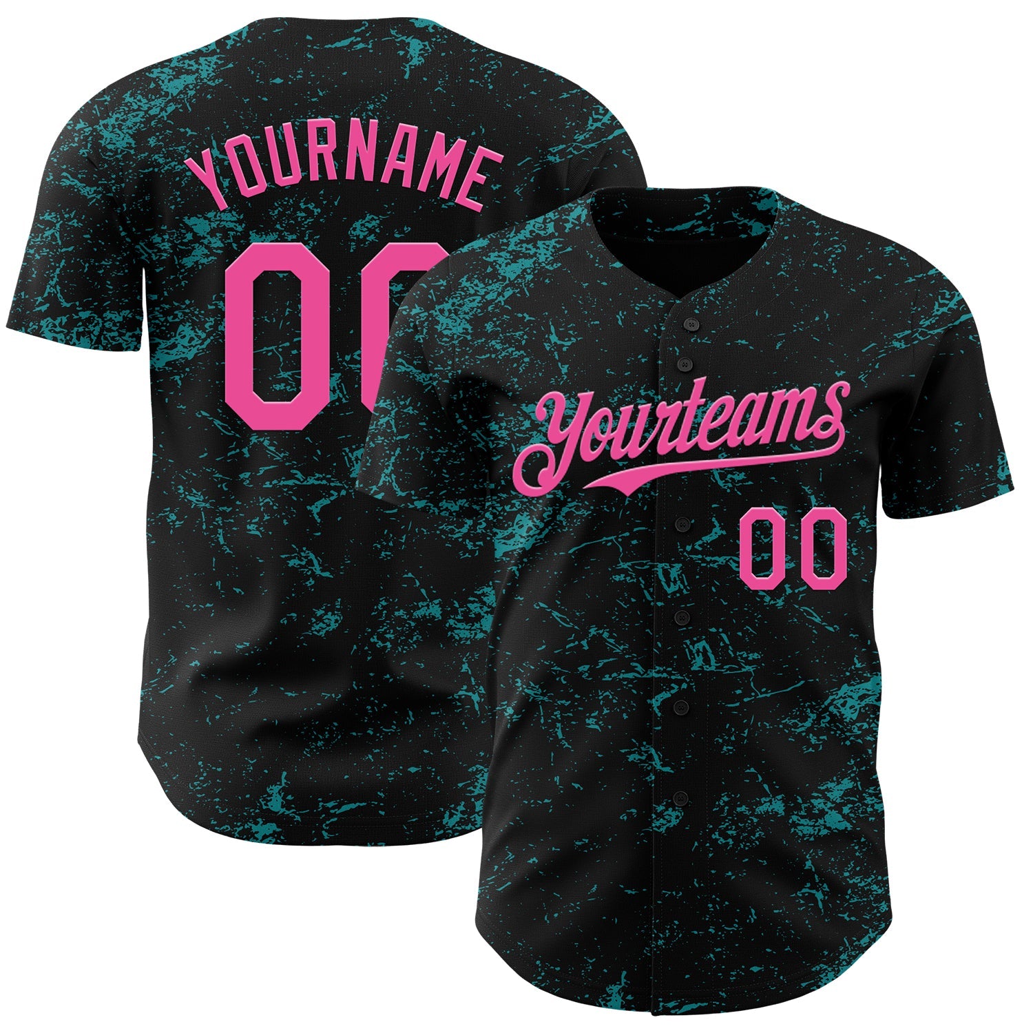 Custom Black Pink-Teal 3D Pattern Design Abstract Splatter Texture Authentic Baseball Jersey - Main View