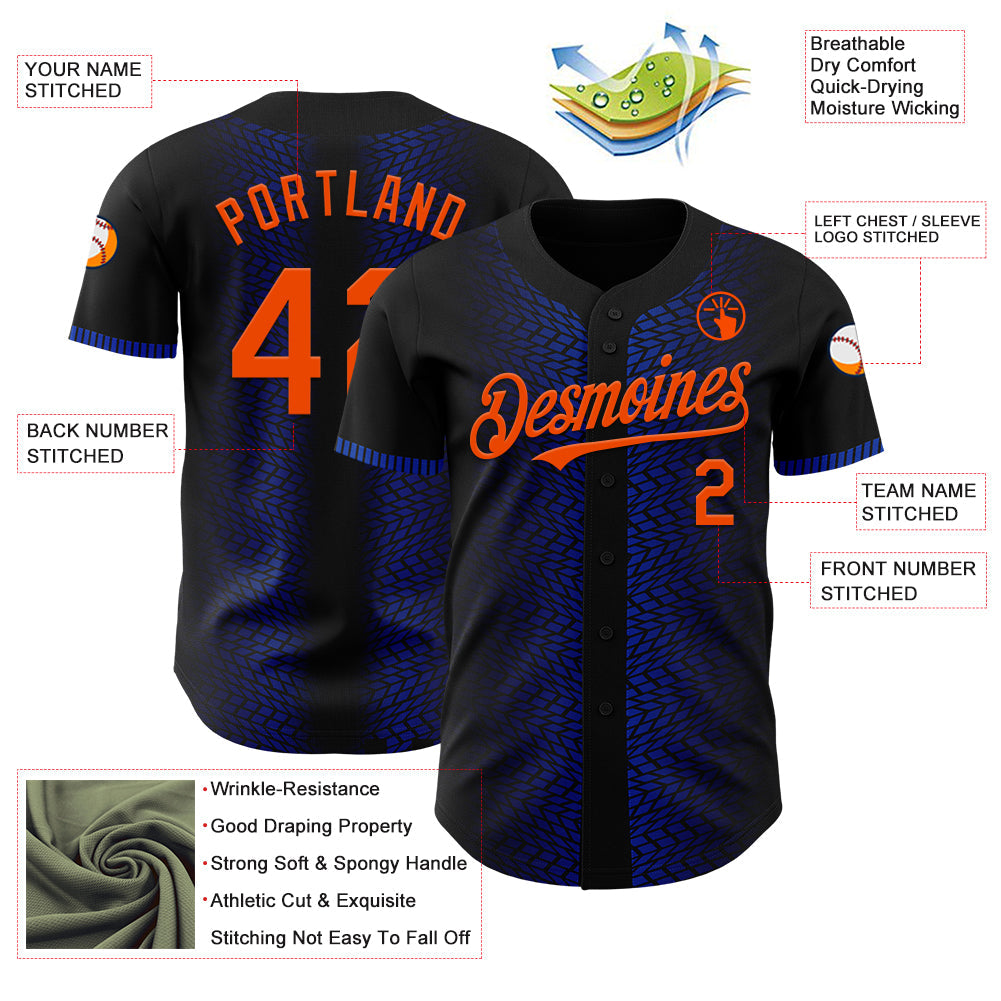 Custom Black Orange-Thunder Blue 3D Pattern Design Geometric Shapes Authentic Baseball Jersey view 3