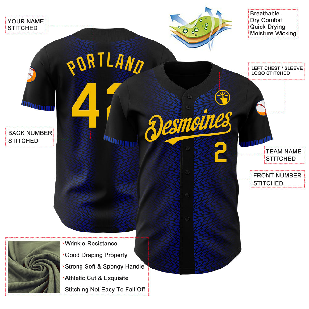 Custom Black Yellow-Thunder Blue 3D Pattern Design Geometric Shapes Authentic Baseball Jersey view 3