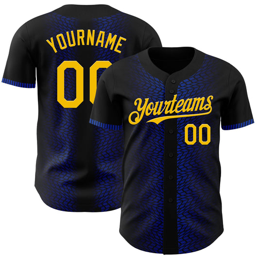 Custom Black Yellow-Thunder Blue 3D Pattern Design Geometric Shapes Authentic Baseball Jersey - Main View
