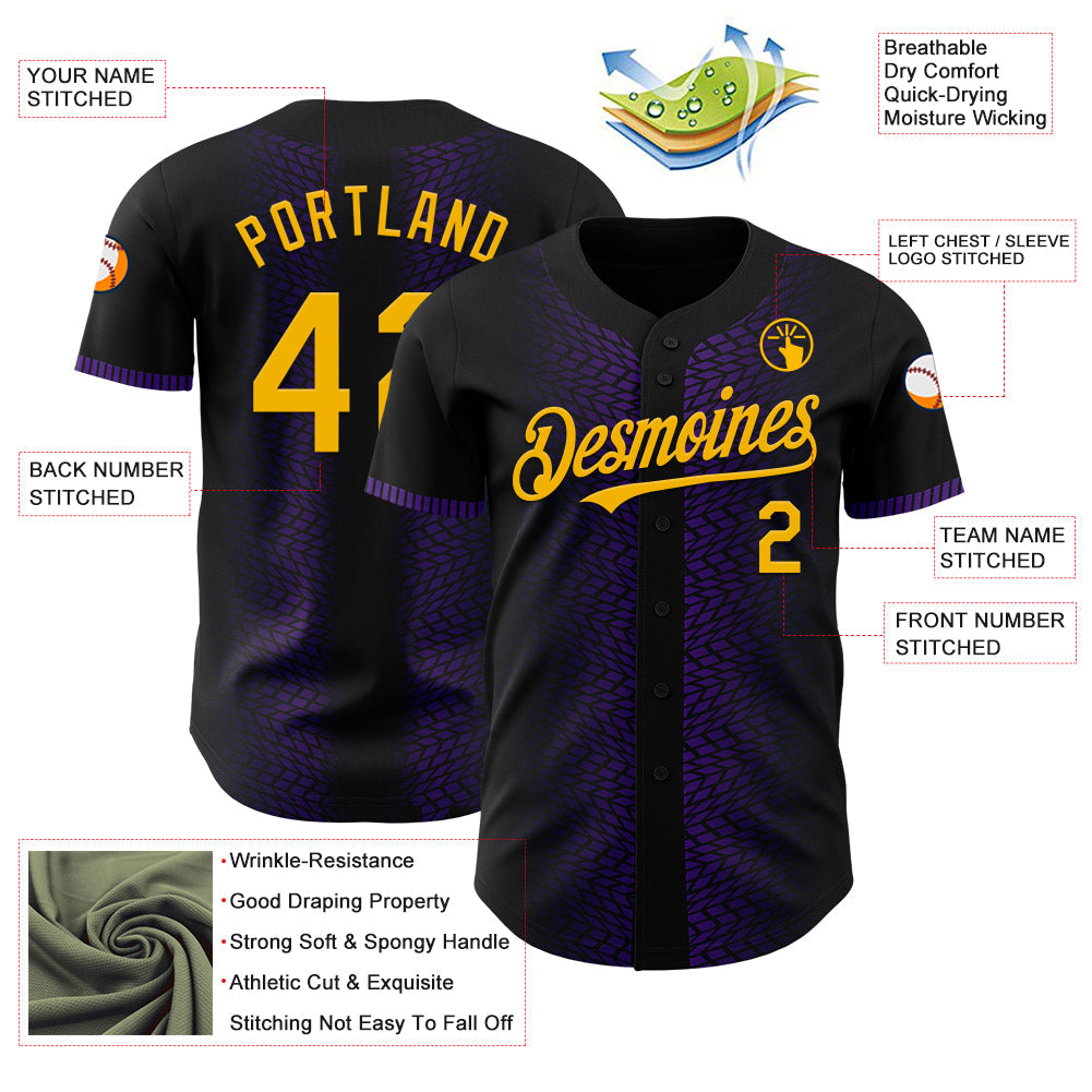 Custom Black Gold-Purple 3D Pattern Design Geometric Shapes Authentic Baseball Jersey view 3
