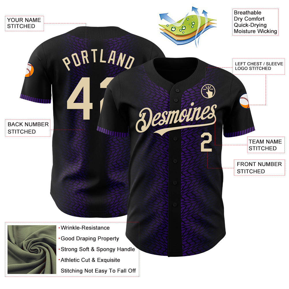 Custom Black Cream-Purple 3D Pattern Design Geometric Shapes Authentic Baseball Jersey view 3