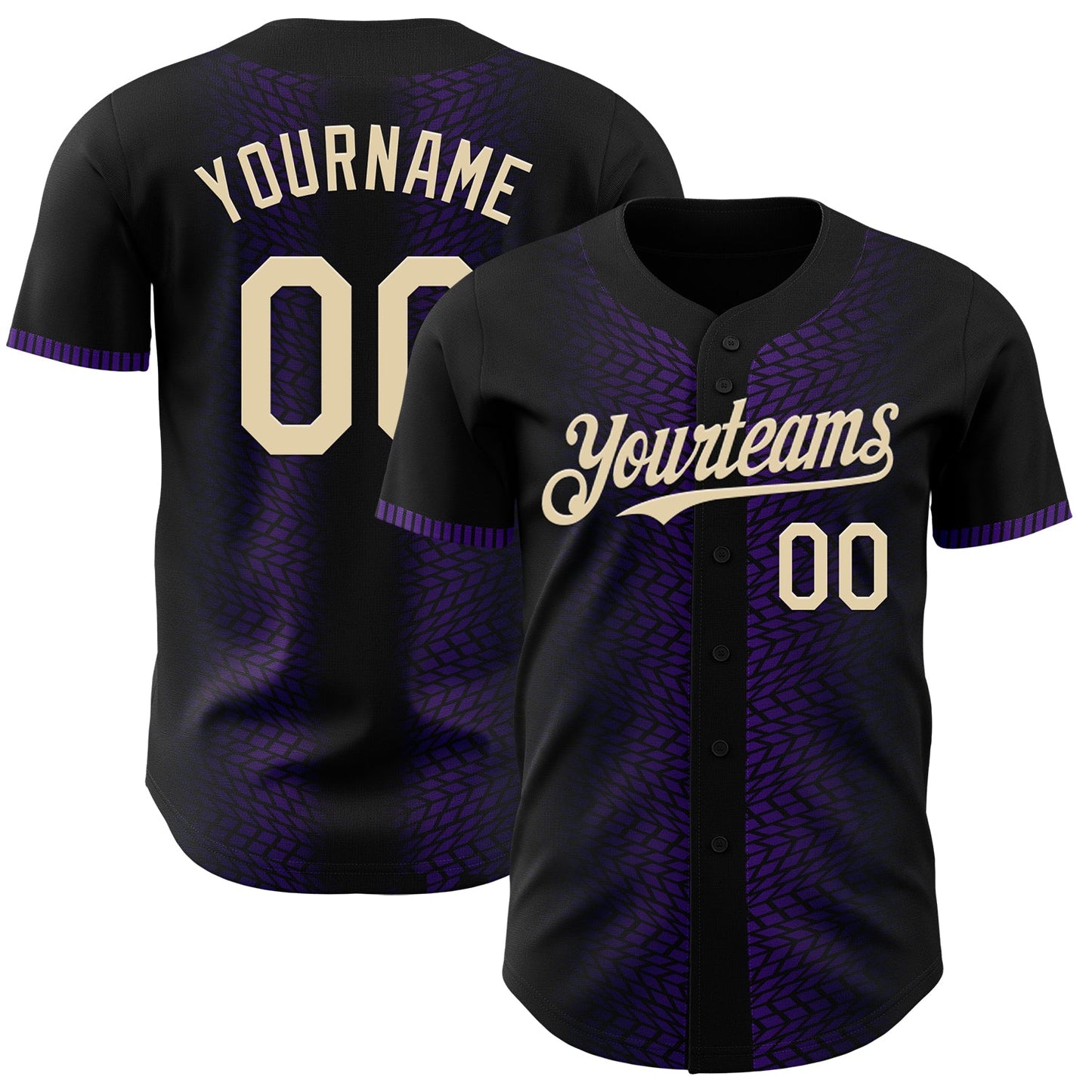 Custom Black Cream-Purple 3D Pattern Design Geometric Shapes Authentic Baseball Jersey - Main View