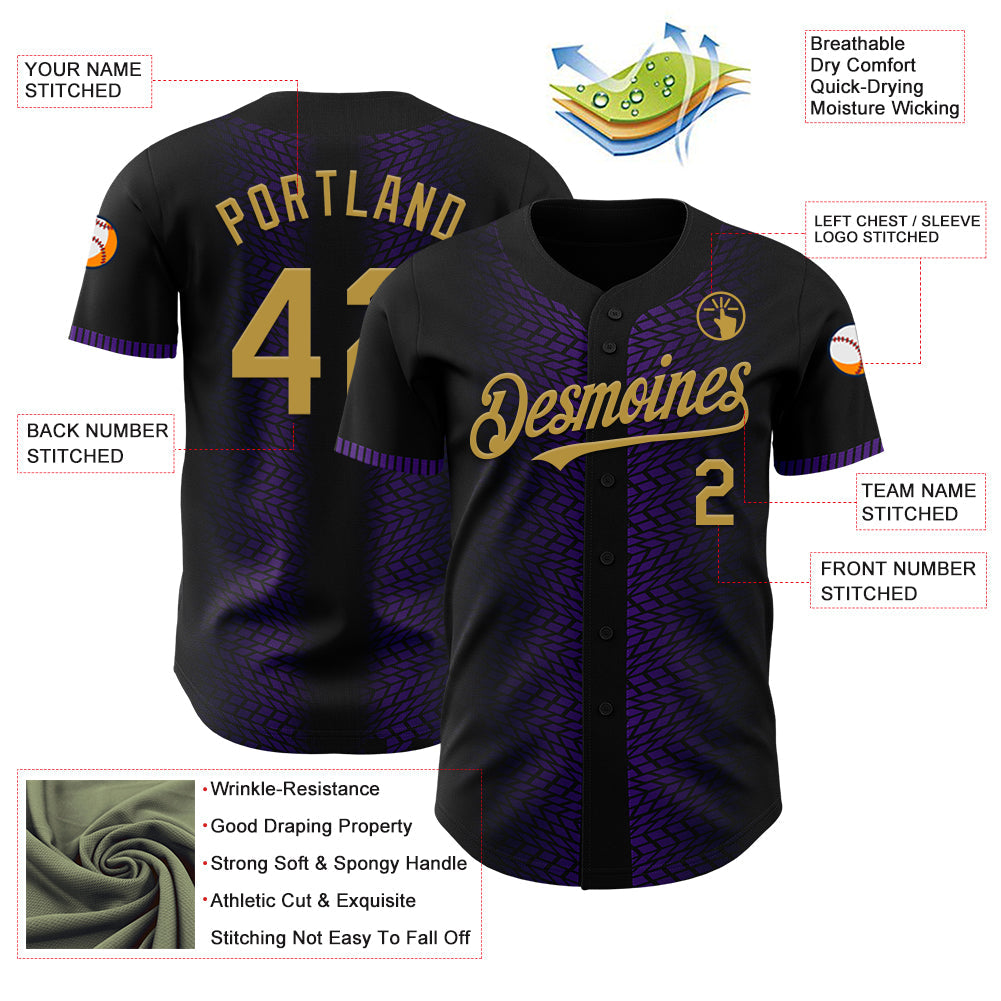 Custom Black Old Gold-Purple 3D Pattern Design Geometric Shapes Authentic Baseball Jersey view 3