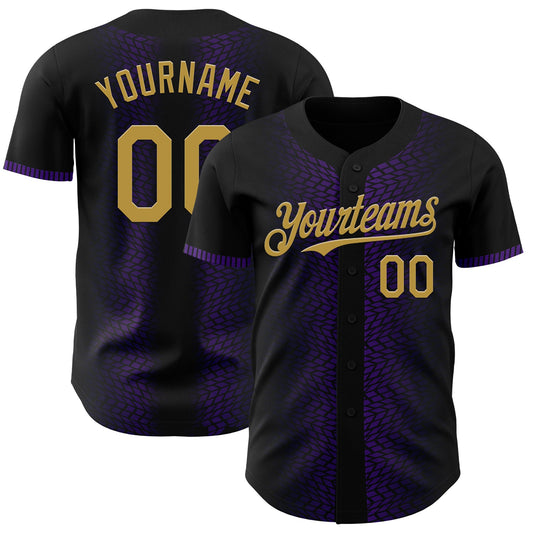 Custom Black Old Gold-Purple 3D Pattern Design Geometric Shapes Authentic Baseball Jersey - Main View