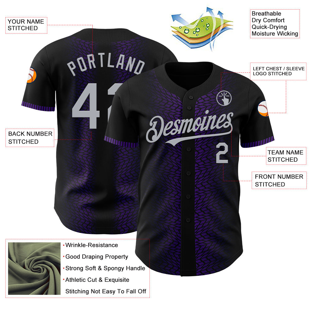 Custom Black Gray-Purple 3D Pattern Design Geometric Shapes Authentic Baseball Jersey view 3