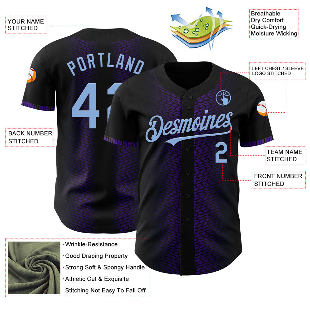 Custom Black Light Blue-Purple 3D Pattern Design Geometric Shapes Authentic Baseball Jersey view 3