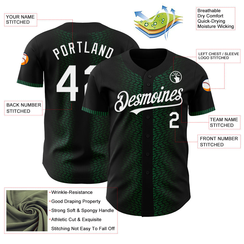 Custom Black White-Kelly Green 3D Pattern Design Geometric Shapes Authentic Baseball Jersey view 3