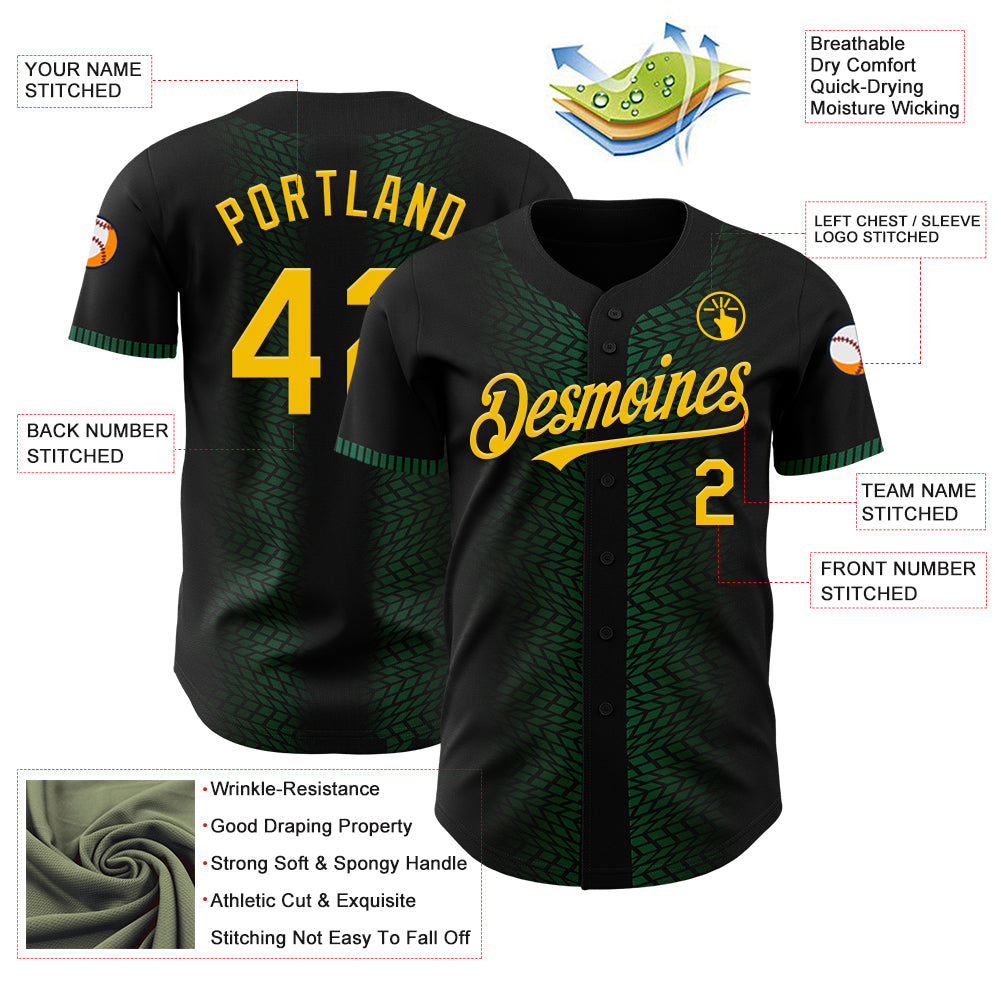 Custom Black Yellow-Kelly Green 3D Pattern Design Geometric Shapes Authentic Baseball Jersey view 3
