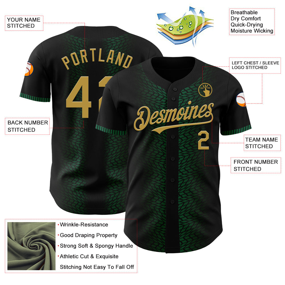 Custom Black Old Gold-Kelly Green 3D Pattern Design Geometric Shapes Authentic Baseball Jersey view 3