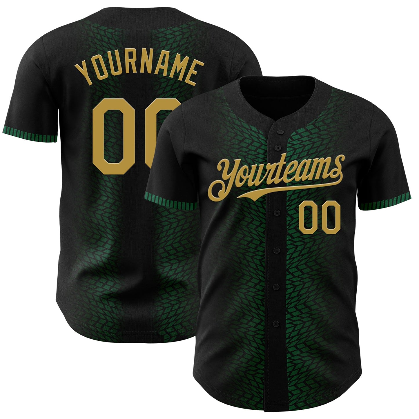 Custom Black Old Gold-Kelly Green 3D Pattern Design Geometric Shapes Authentic Baseball Jersey - Main View