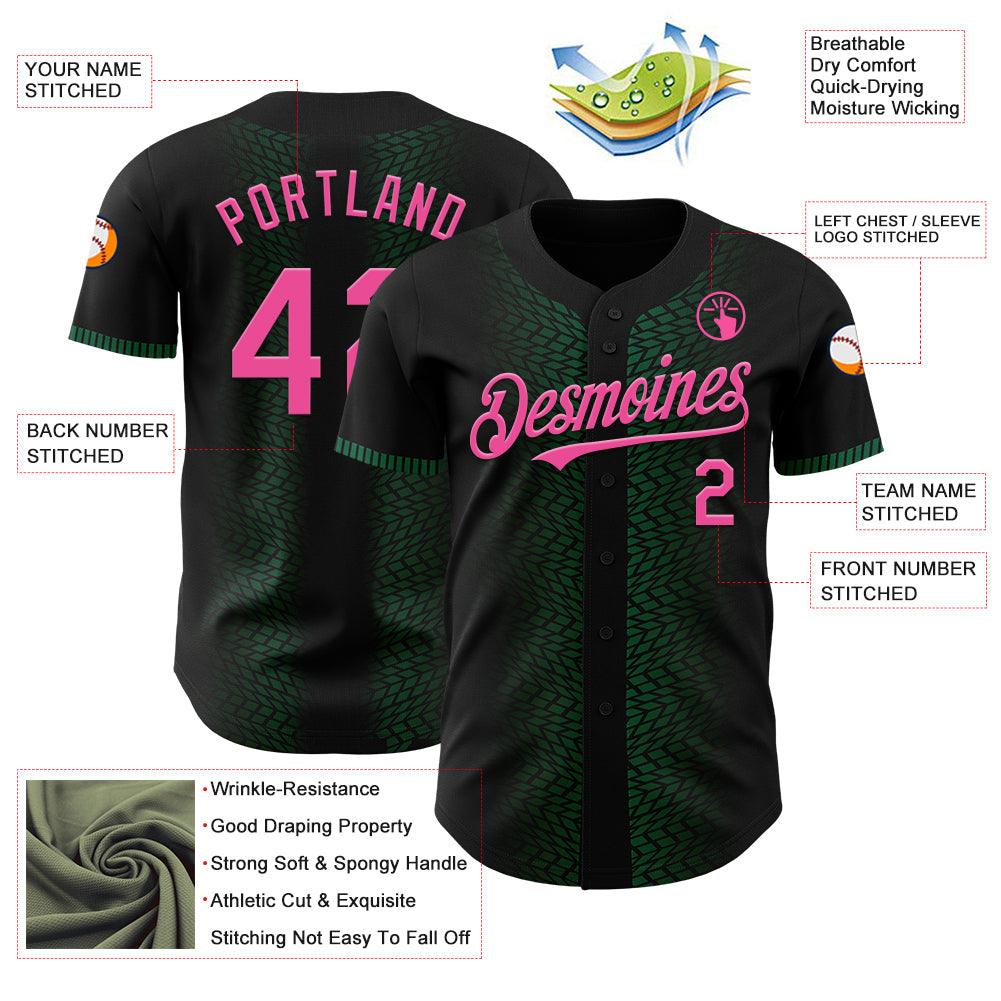 Custom Black Pink-Kelly Green 3D Pattern Design Geometric Shapes Authentic Baseball Jersey view 3