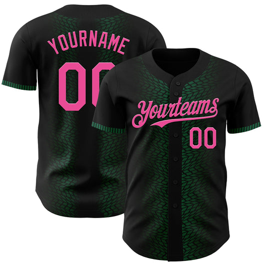 Custom Black Pink-Kelly Green 3D Pattern Design Geometric Shapes Authentic Baseball Jersey - Main View