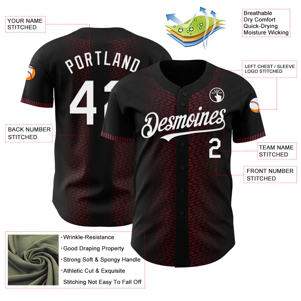 Custom Black White-Burgundy 3D Pattern Design Geometric Shapes Authentic Baseball Jersey view 3