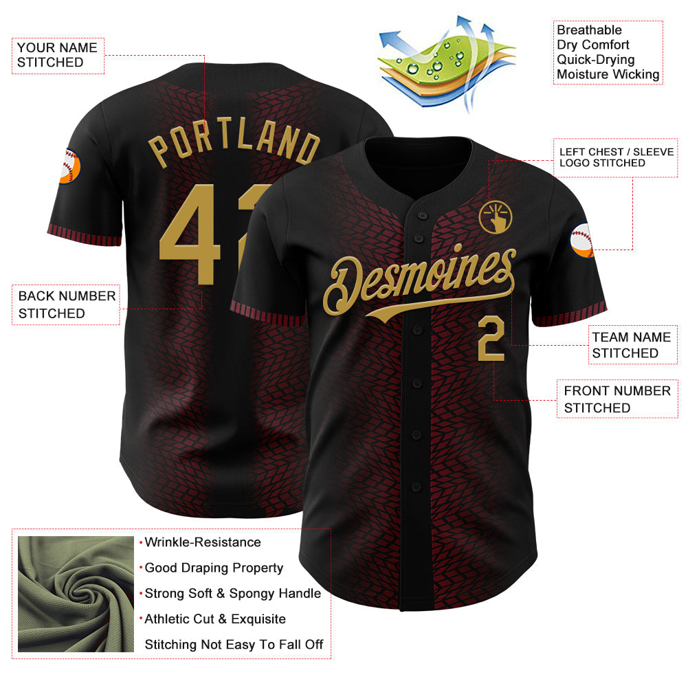 Custom Black Old Gold-Burgundy 3D Pattern Design Geometric Shapes Authentic Baseball Jersey view 3
