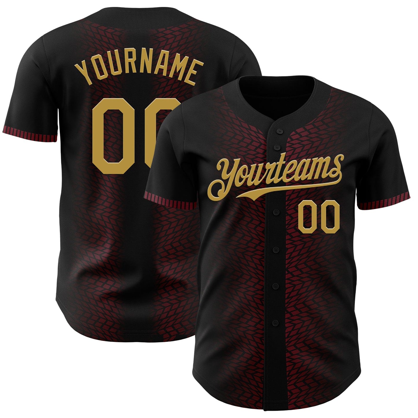 Custom Black Old Gold-Burgundy 3D Pattern Design Geometric Shapes Authentic Baseball Jersey - Main View