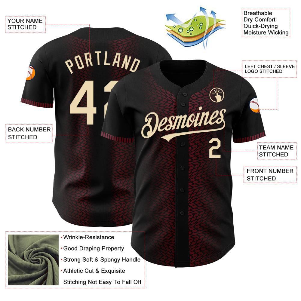 Custom Black Cream-Burgundy 3D Pattern Design Geometric Shapes Authentic Baseball Jersey view 3