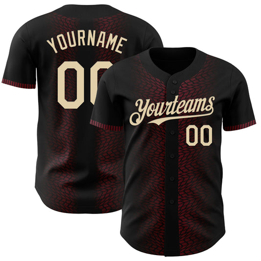 Custom Black Cream-Burgundy 3D Pattern Design Geometric Shapes Authentic Baseball Jersey - Main View