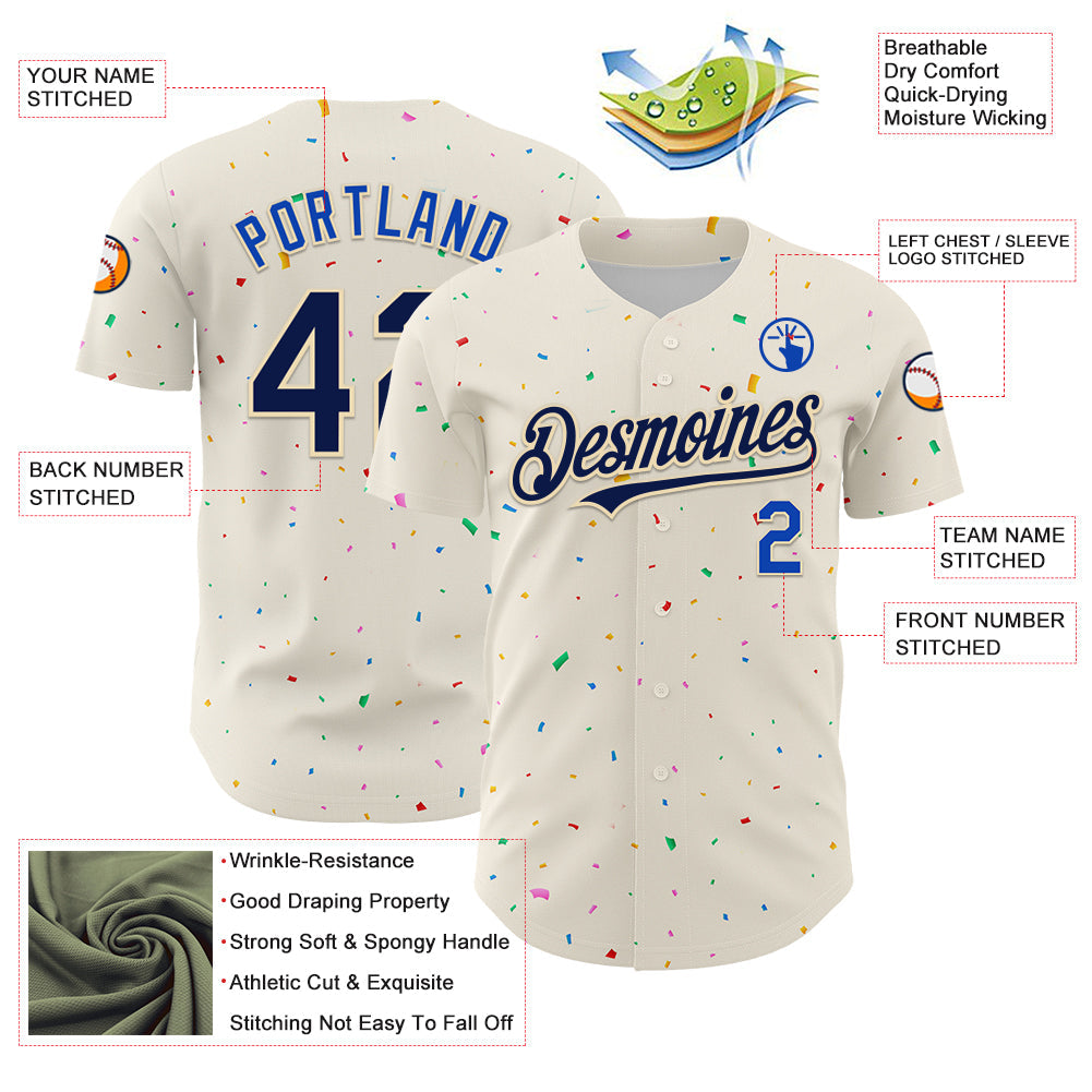 Custom Cream Navy-Thunder Blue 3D Pattern Design Confetti Authentic Baseball Jersey view 3