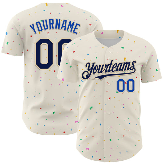 Custom Cream Navy-Thunder Blue 3D Pattern Design Confetti Authentic Baseball Jersey - Main View