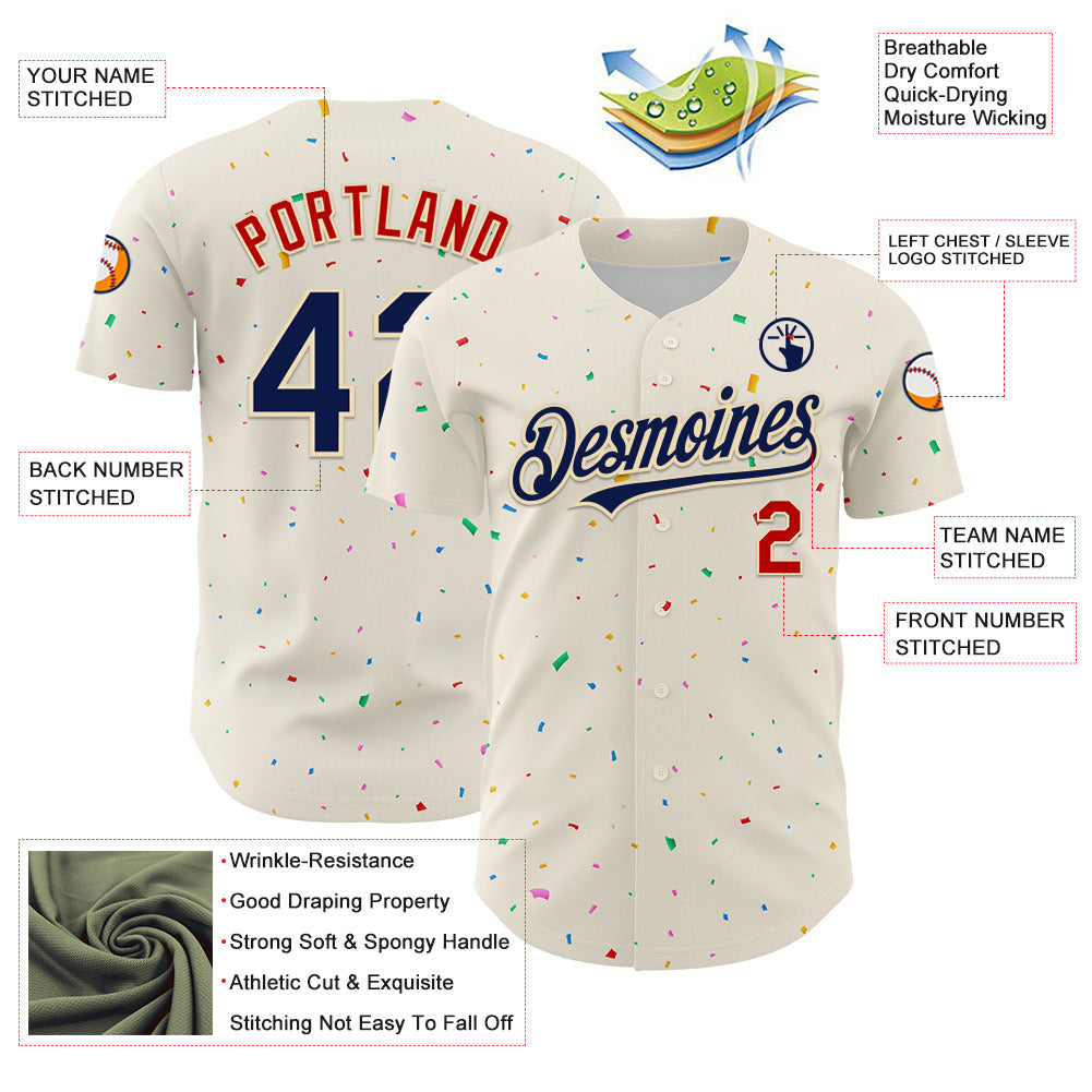Custom Cream Navy-Red 3D Pattern Design Confetti Authentic Baseball Jersey view 3