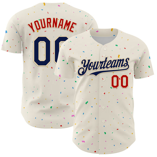 Custom Cream Navy-Red 3D Pattern Design Confetti Authentic Baseball Jersey - Main View