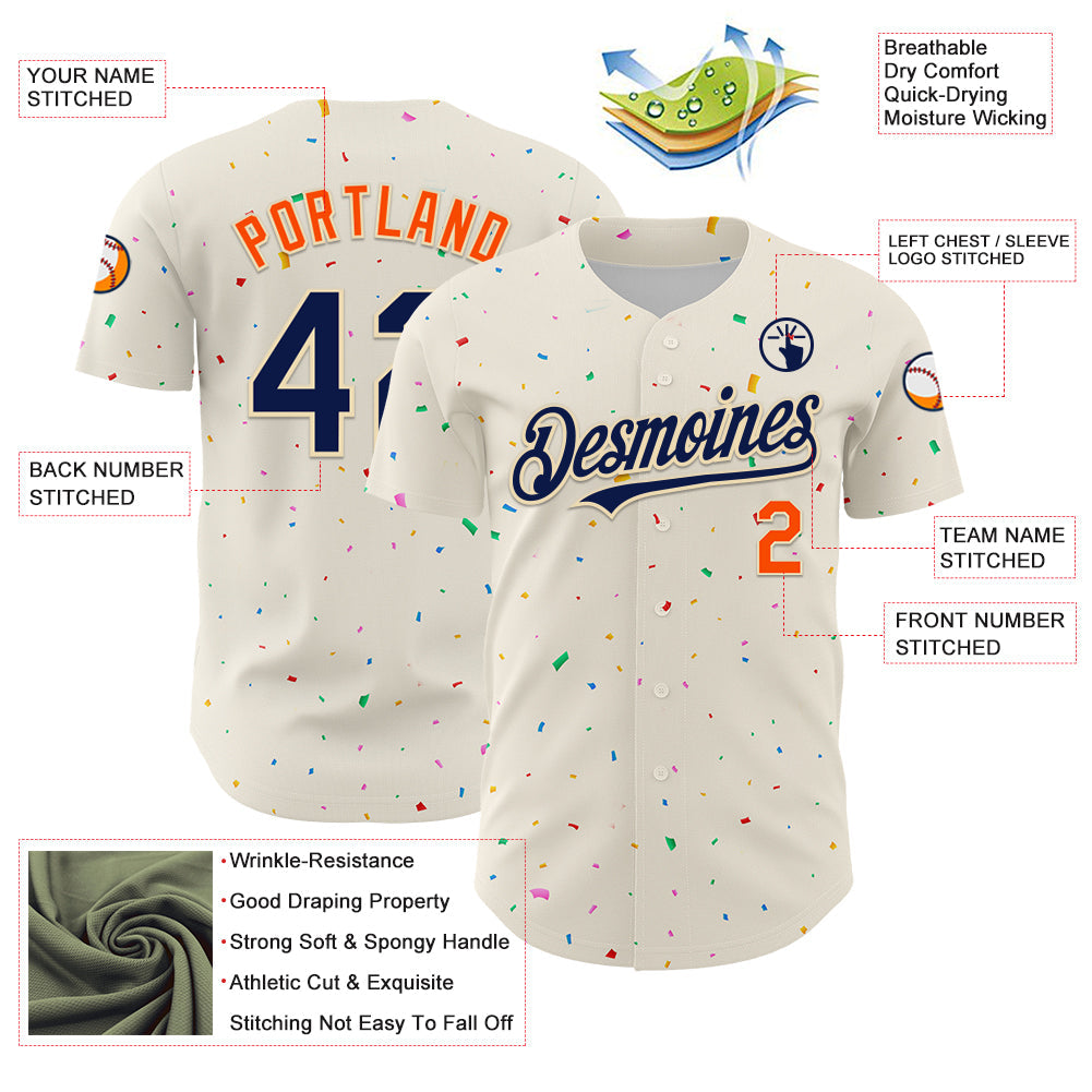 Custom Cream Navy-Orange 3D Pattern Design Confetti Authentic Baseball Jersey view 3