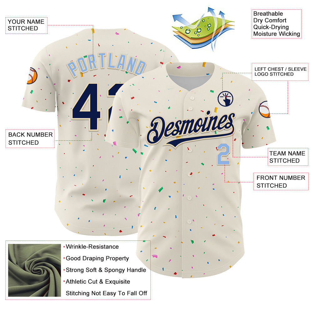 Custom Cream Navy-Light Blue 3D Pattern Design Confetti Authentic Baseball Jersey view 3