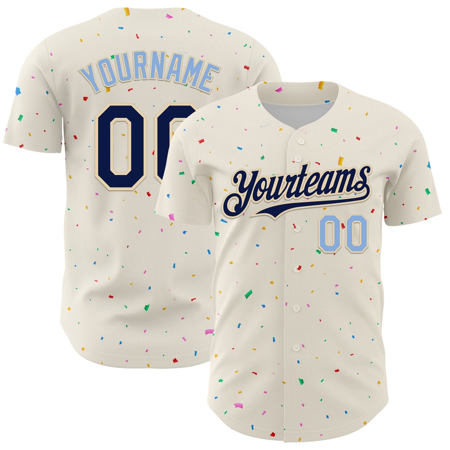 Custom Cream Navy-Light Blue 3D Pattern Design Confetti Authentic Baseball Jersey - Main View