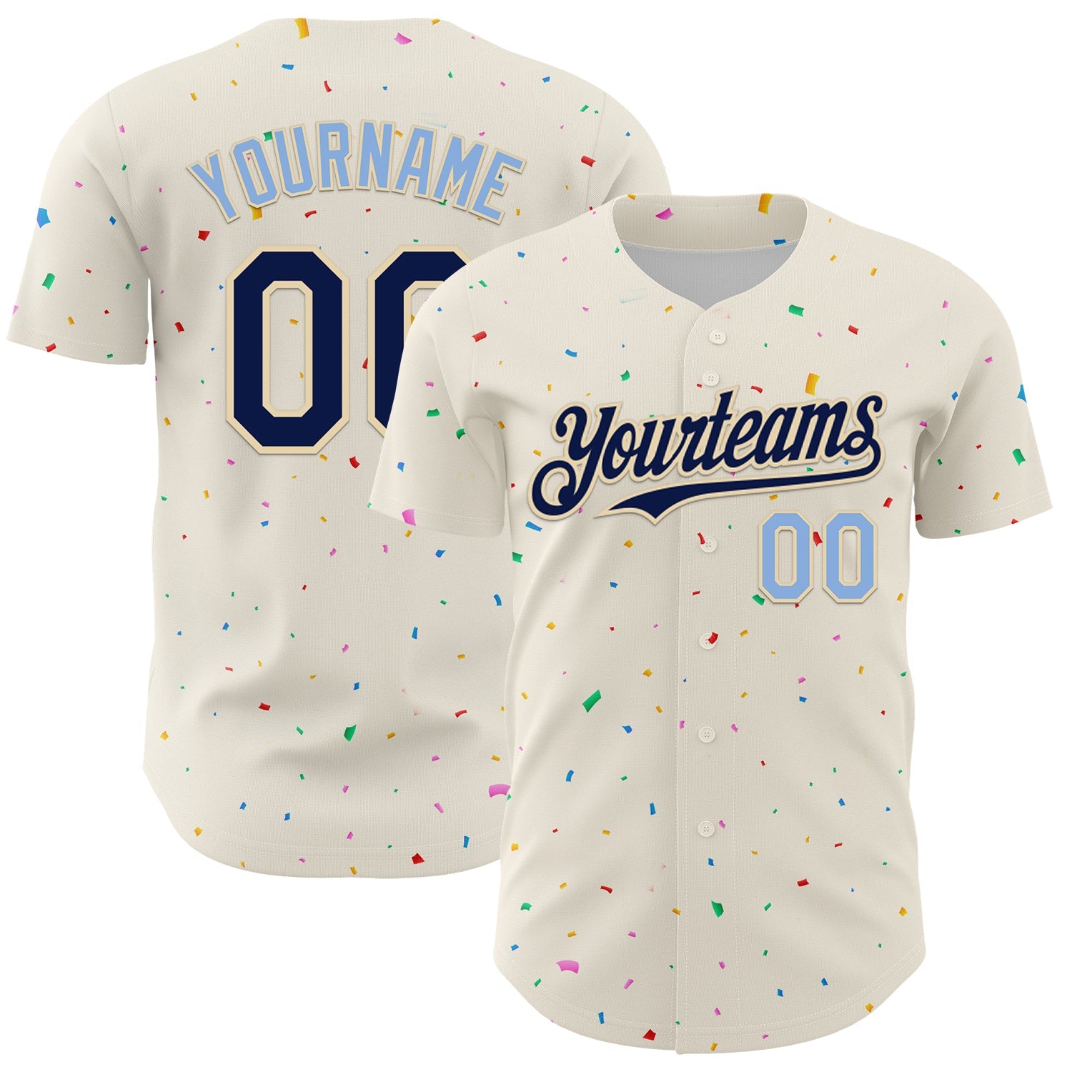 Custom Cream Navy-Light Blue 3D Pattern Design Confetti Authentic Baseball Jersey - Main View