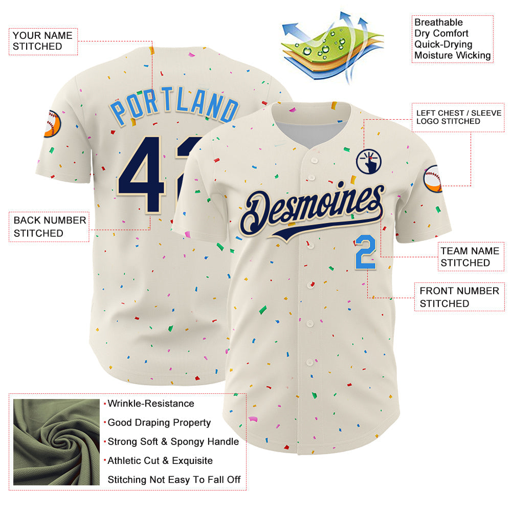 Custom Cream Navy-Electric Blue 3D Pattern Design Confetti Authentic Baseball Jersey view 3