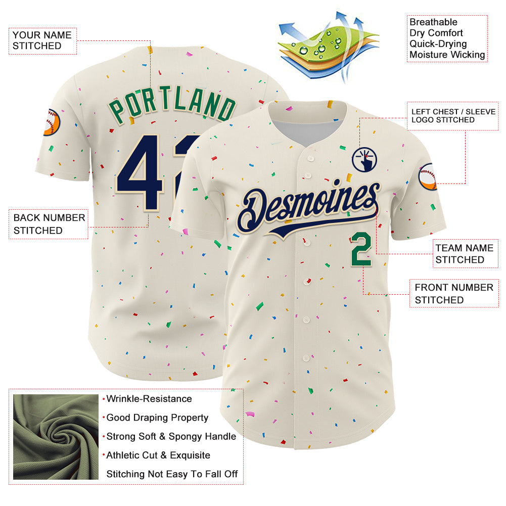 Custom Cream Navy-Kelly Green 3D Pattern Design Confetti Authentic Baseball Jersey view 3