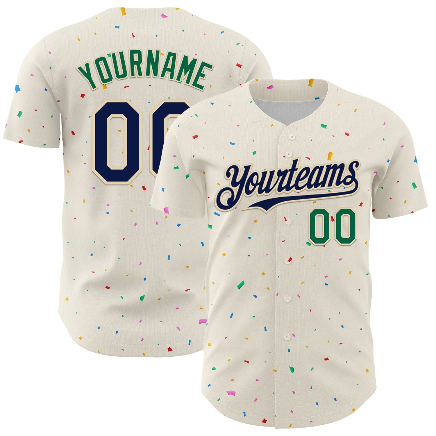 Custom Cream Navy-Kelly Green 3D Pattern Design Confetti Authentic Baseball Jersey - Main View
