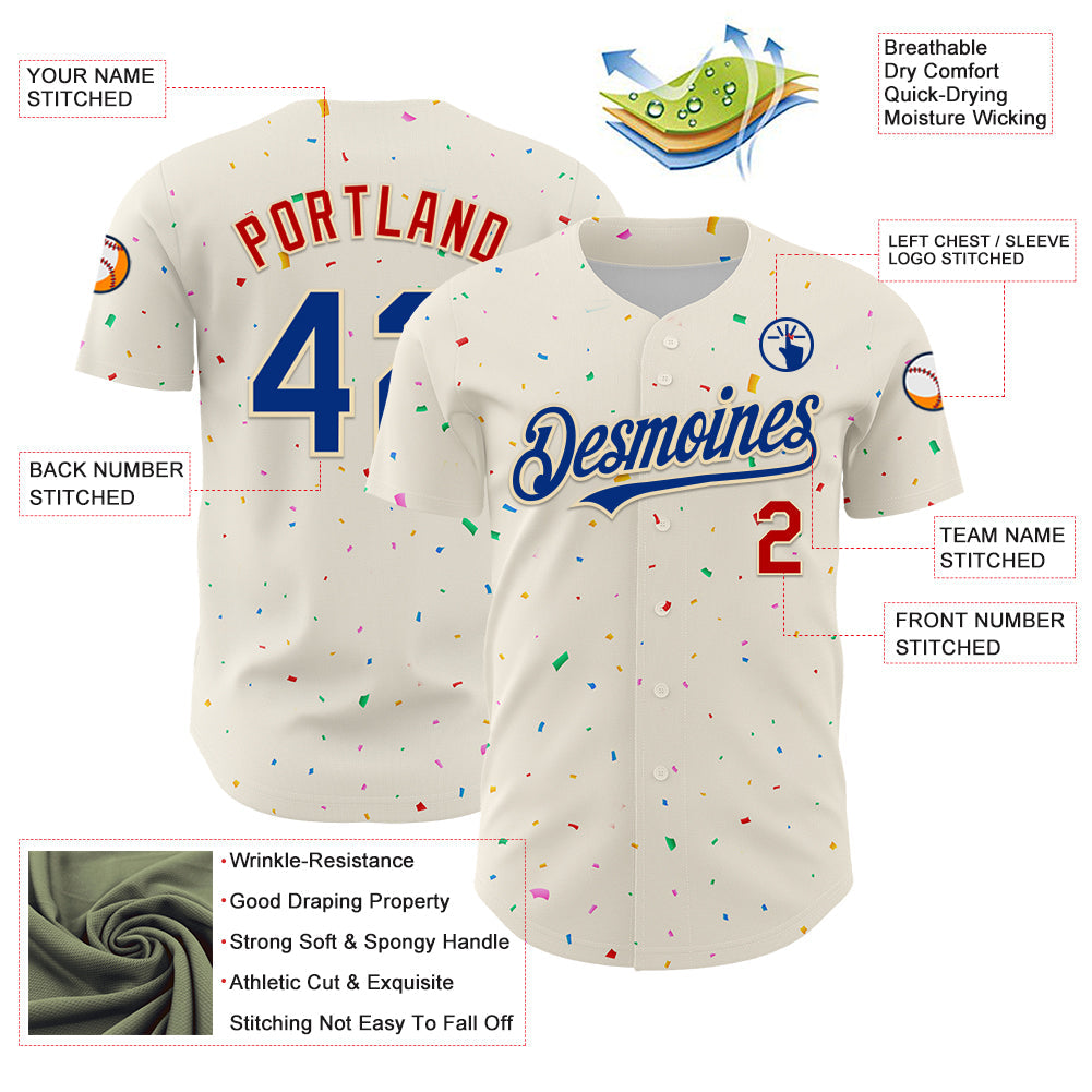 Custom Cream Royal-Red 3D Pattern Design Confetti Authentic Baseball Jersey view 3