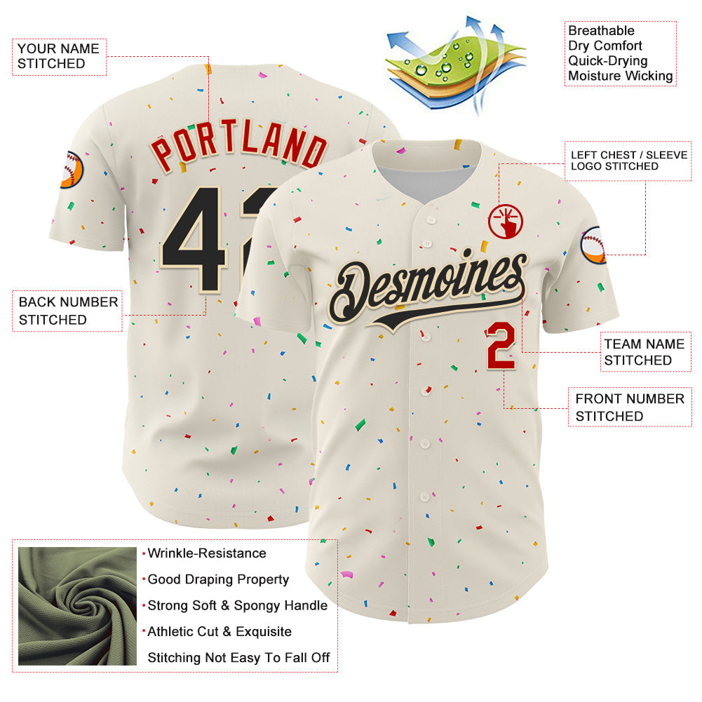 Custom Cream Black-Red 3D Pattern Design Confetti Authentic Baseball Jersey view 3