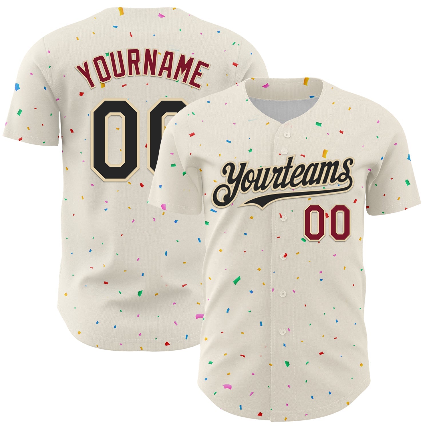 Custom Cream Black-Crimson 3D Pattern Design Confetti Authentic Baseball Jersey - Main View