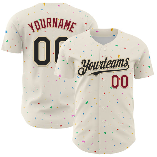 Custom Cream Black-Crimson 3D Pattern Design Confetti Authentic Baseball Jersey - Main View