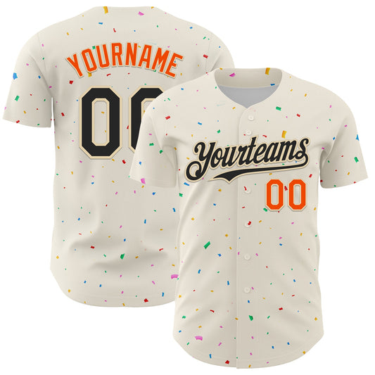 Custom Cream Black-Orange 3D Pattern Design Confetti Authentic Baseball Jersey - Main View
