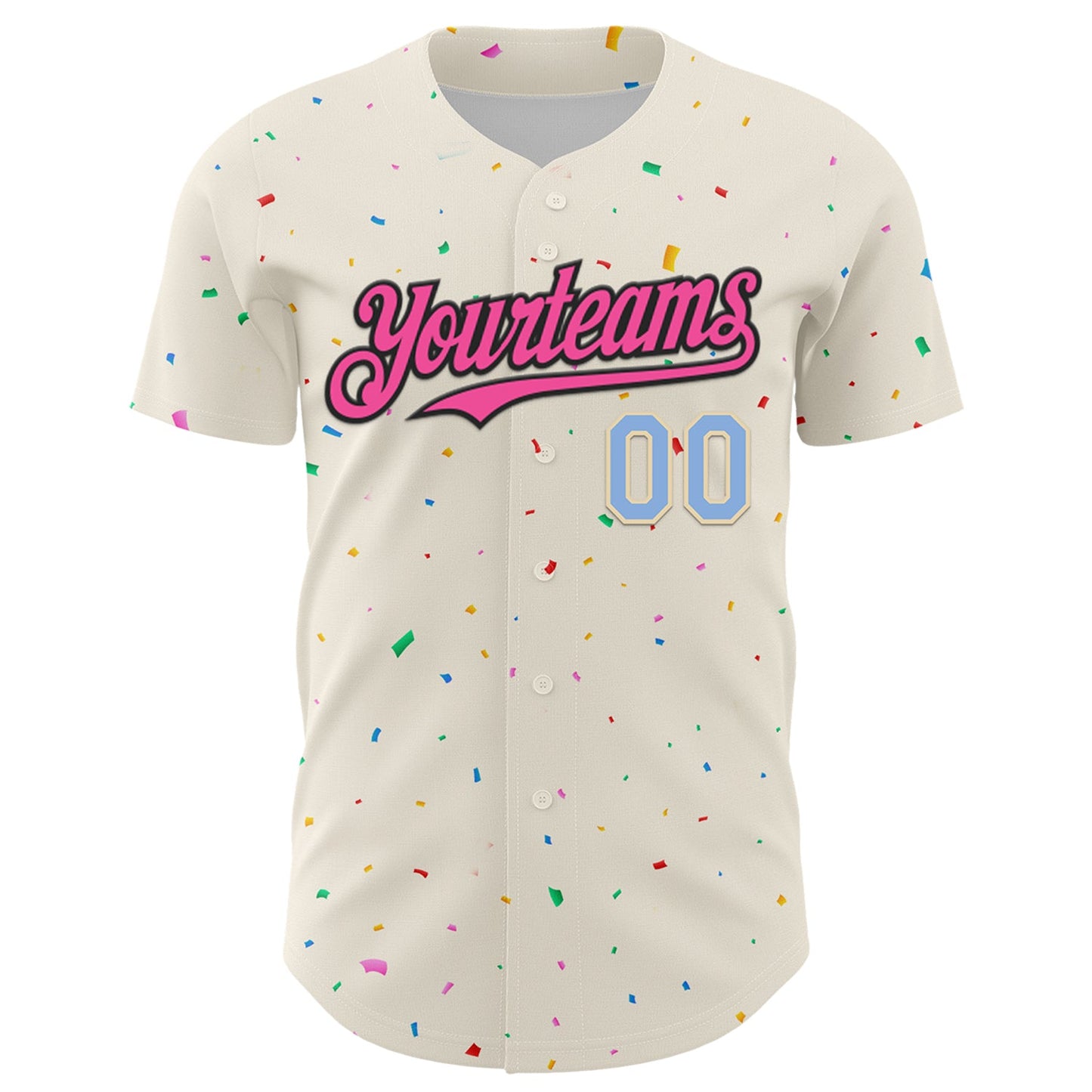 Custom Cream Pink Black-Light Blue 3D Pattern Design Confetti Authentic Baseball Jersey view 2