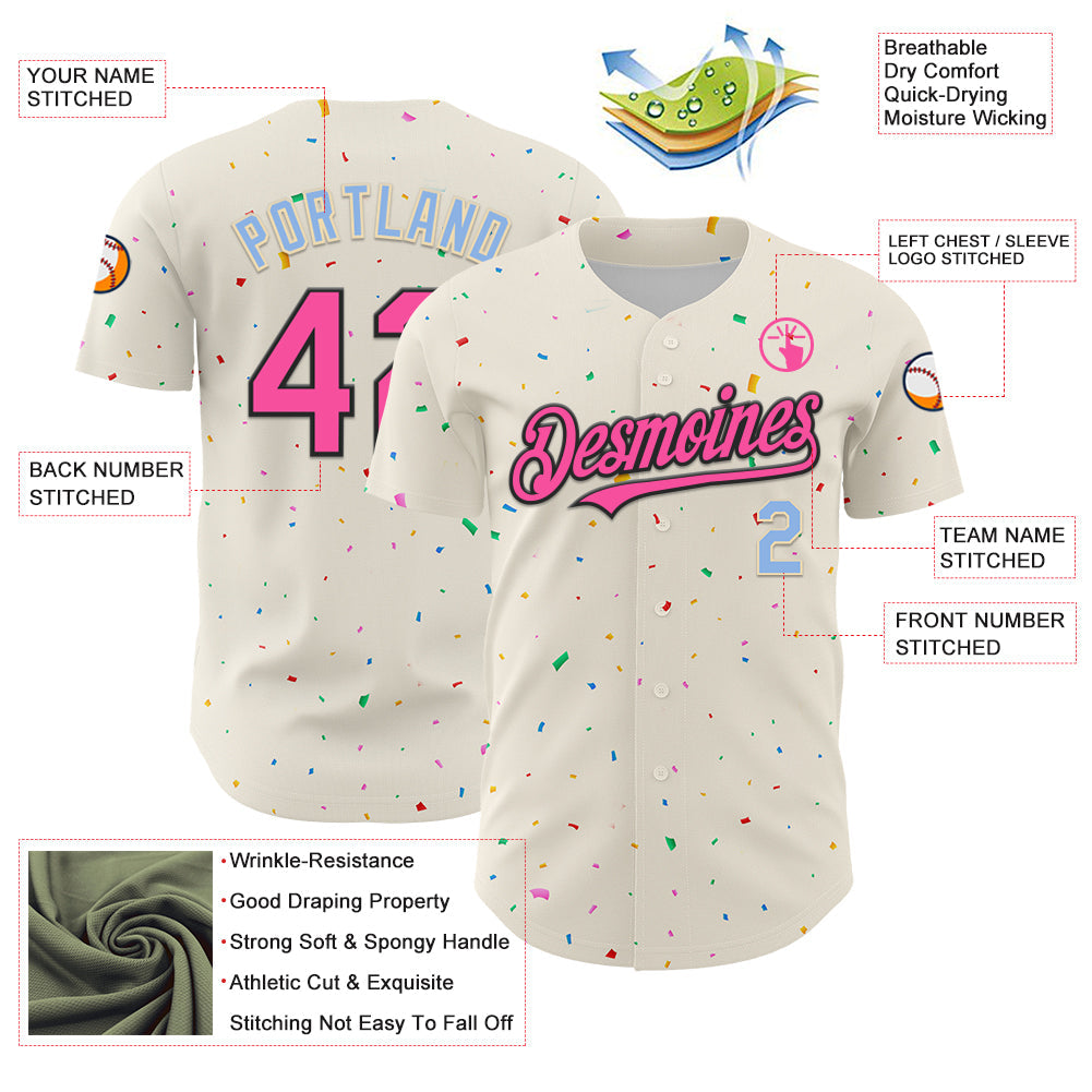 Custom Cream Pink Black-Light Blue 3D Pattern Design Confetti Authentic Baseball Jersey view 3