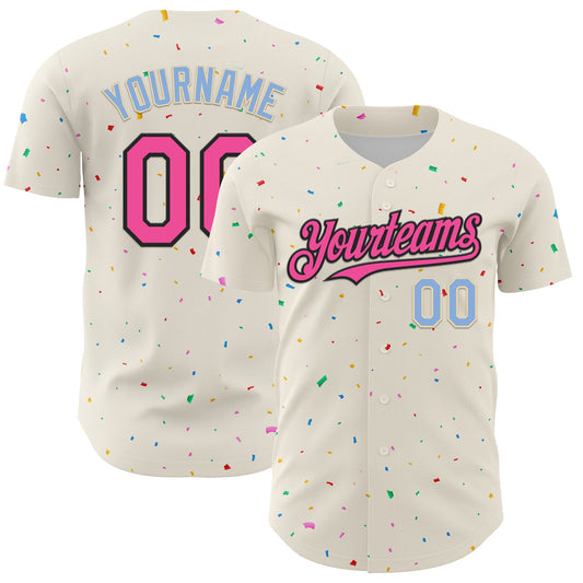 Custom Cream Pink Black-Light Blue 3D Pattern Design Confetti Authentic Baseball Jersey - Main View