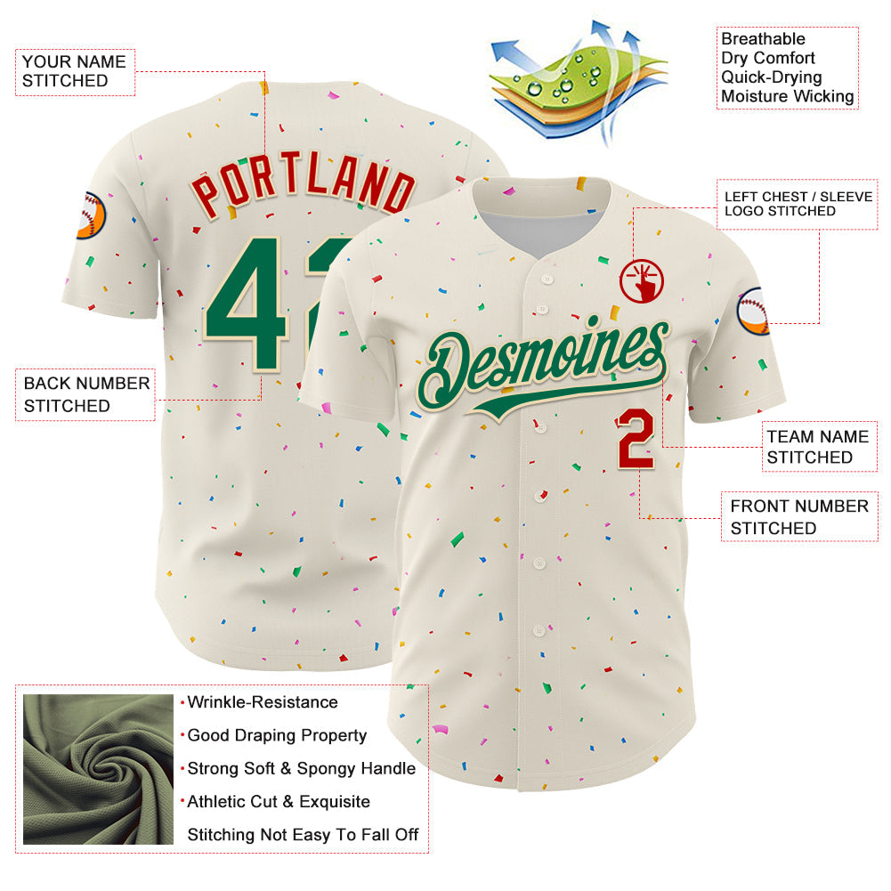 Custom Cream Kelly Green-Red 3D Pattern Design Confetti Authentic Baseball Jersey view 3