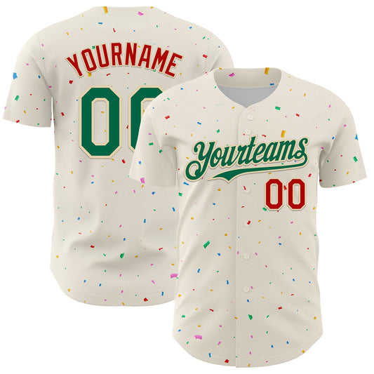 Custom Cream Kelly Green-Red 3D Pattern Design Confetti Authentic Baseball Jersey - Main View
