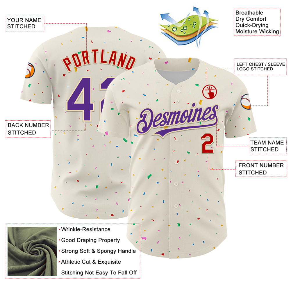 Custom Cream Purple-Red 3D Pattern Design Confetti Authentic Baseball Jersey view 3