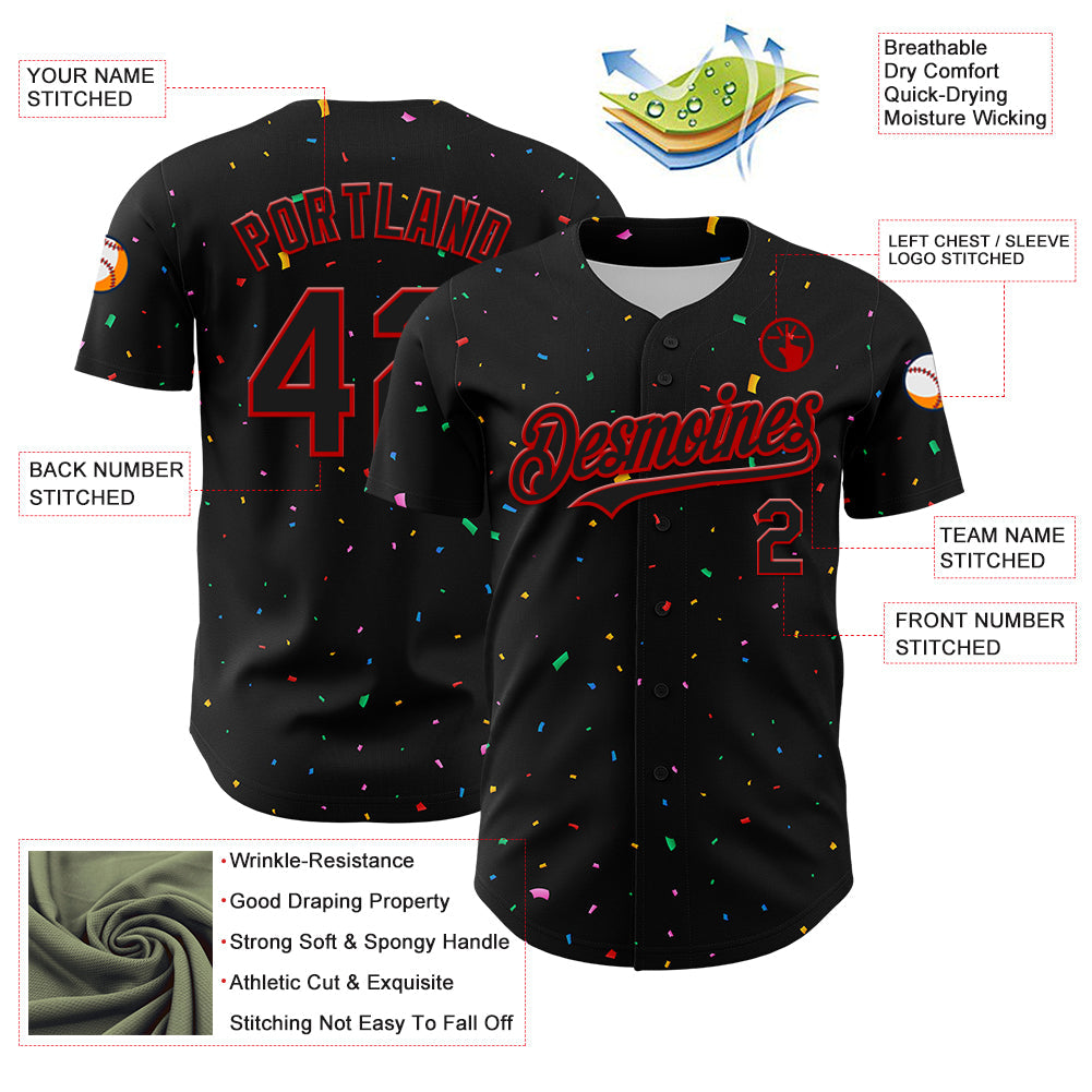 Custom Black Red 3D Pattern Design Confetti Authentic Baseball Jersey view 3