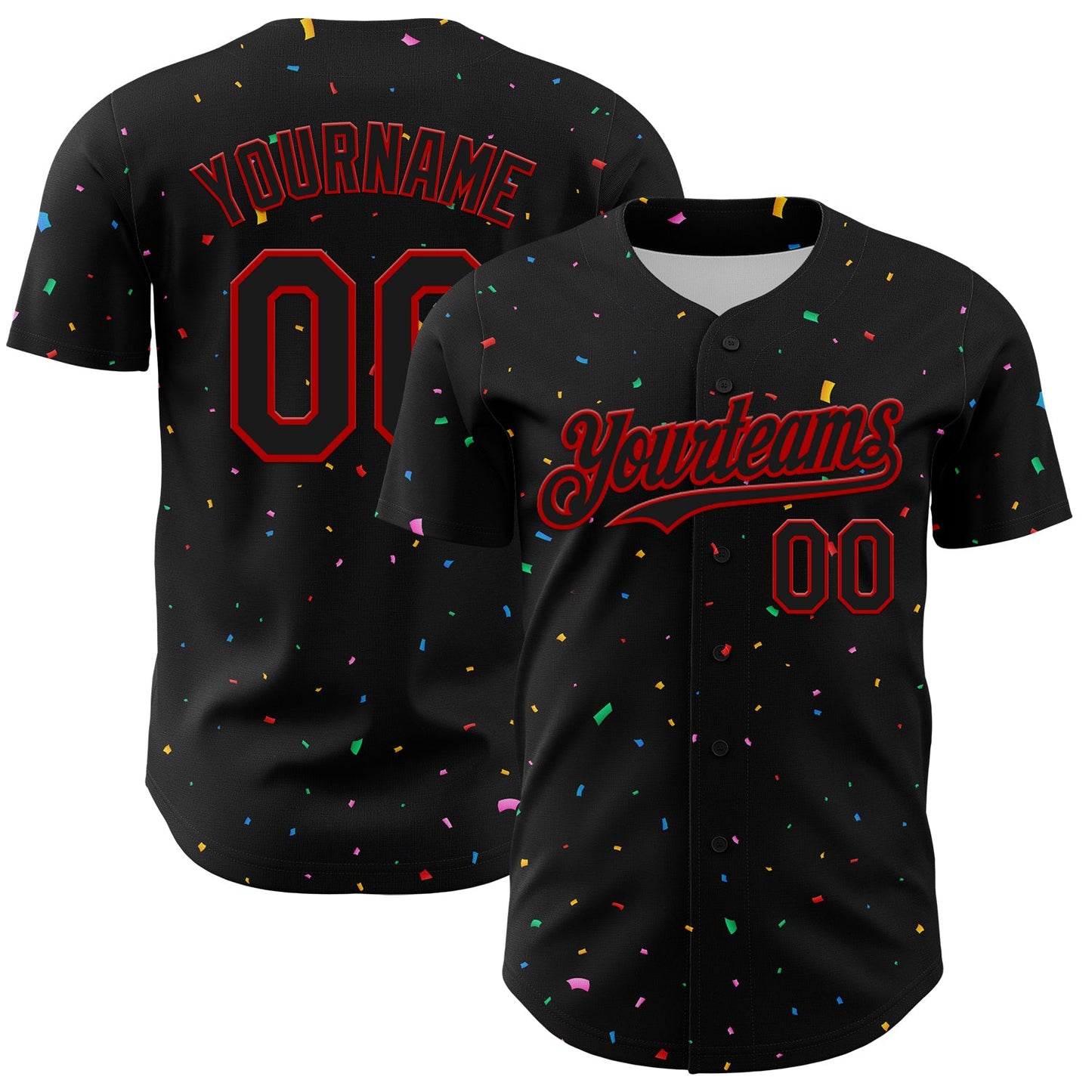 Custom Black Red 3D Pattern Design Confetti Authentic Baseball Jersey - Main View