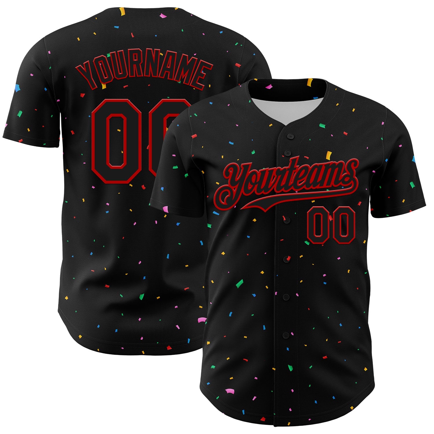 Custom Black Red 3D Pattern Design Confetti Authentic Baseball Jersey - Main View